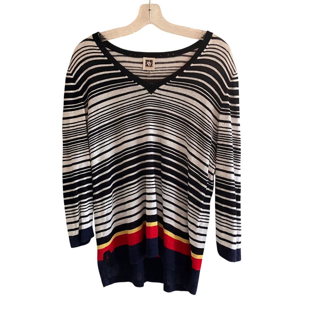Anne Klein Sweater Linen Blend Lightweight Striped Navy Blue Nautical Beachy M
